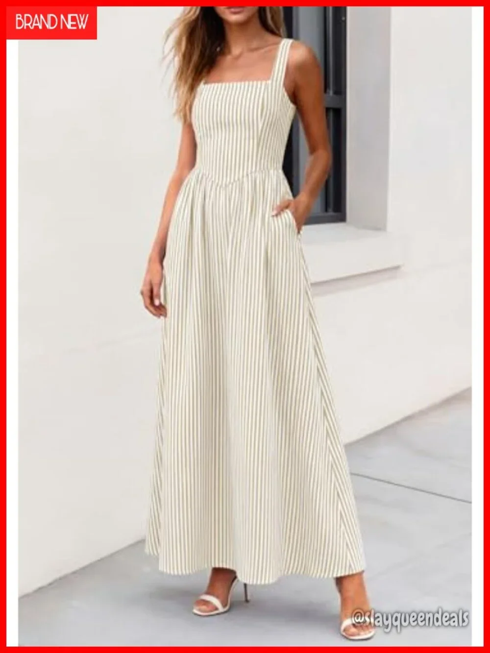 Striped Maxi Dress Square Neck Sleeveless A-Line Summer